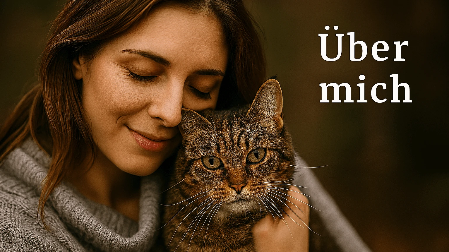 Eine braunhaarige, langhaarige Frau berührt mit ihrem Gesicht sanft eine braun getigerte Katze.